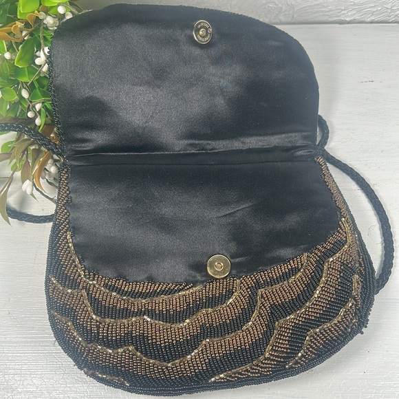 Chadwick Elegant Black Gold Beaded Crossbody Shoulder Evening Bag Rope Strap - Picture 7 of 14